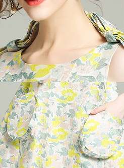 Cute Sleeveless Loose Print Bow Tie Shift Dress 
