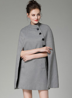Fashionable Gingham Stand Collar Coat