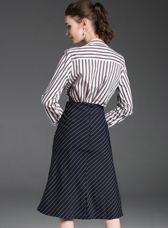 Work Striped Bowknot Collar Blouse & Brief Black Striped Midi Skirt