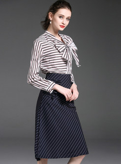 Work Striped Bowknot Collar Blouse & Brief Black Striped Midi Skirt