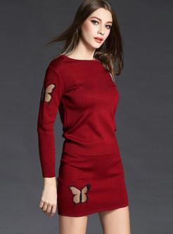 Brief Hollow Out Butterfly Embroidery Sweater & Elastic Mini Skirt 