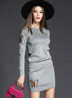 Brief Hollow Out Grey Butterfly Embroidery Sweater & Elastic Mini Skirt 
