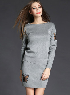 Brief Hollow Out Grey Butterfly Embroidery Sweater & Elastic Mini Skirt 