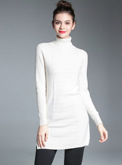 White Wool Turtle Neck Long Sleeve Knitted Sweater