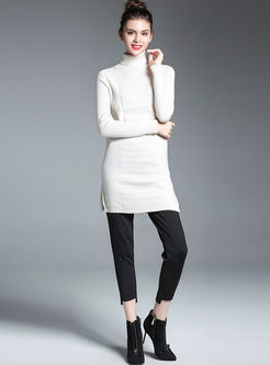 White Wool Turtle Neck Long Sleeve Knitted Sweater