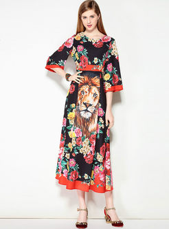 Ethnic Floral Print Big Hem Maxi Dress