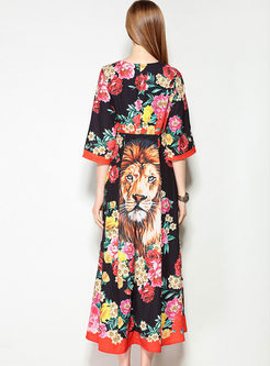 Ethnic Floral Print Big Hem Maxi Dress