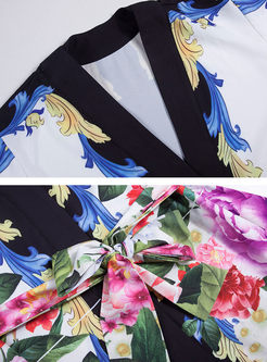 Vintage Floral Print Belt Long Sleeve Maxi Dress