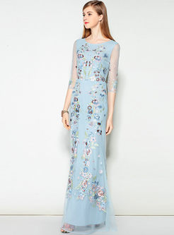 Blue Elegant Mesh Embroidered Maxi Dress