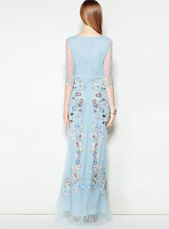 Blue Elegant Mesh Embroidered Maxi Dress