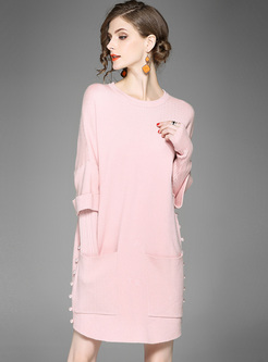 Pink Brief Loose Pocket Beaded Knitted Dress
