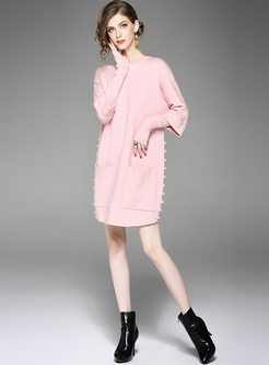 Pink Brief Loose Pocket Beaded Knitted Dress