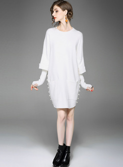 White Loose Pocket Beaded Knitted Dress