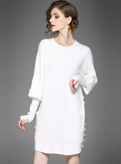 White Loose Pocket Beaded Knitted Dress