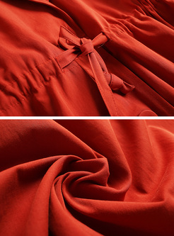 Red Tied-waist Lantern Sleeve Trench Coat