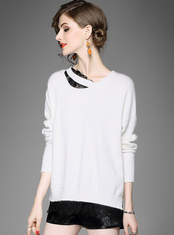 Chic Asymmetric Lace Patch Sweater