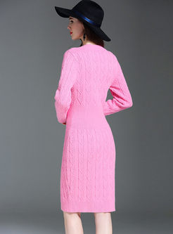 Brief Double-breasted Long Sleeve Knitted Dress