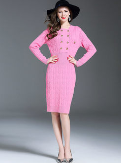 Brief Double-breasted Long Sleeve Knitted Dress
