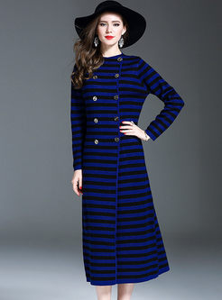Brief Striped Long Sleeve Double-breasted Knitted Dress
