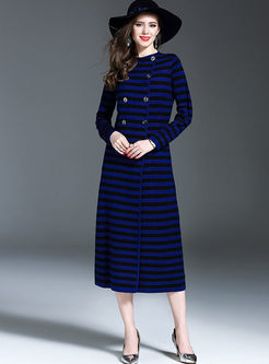 Brief Striped Long Sleeve Double-breasted Knitted Dress