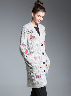 Loose Butterfly Embroidered Long Sleeve Knitted Coat