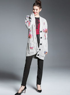 Loose Butterfly Embroidered Long Sleeve Knitted Coat