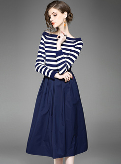Slash Neck Striped Top & Blue A-line Skirt