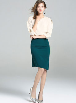 Stylish Nail Bead Blouse & Green Asymmetry Hem Bodycon Skirt