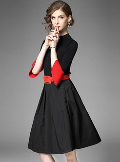 Brief Color-blocked Flare Sleeve A-line Dress
