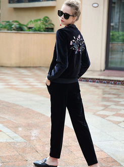 Causal Embroidered Velvet Long Sleeve Two-piece Outfits