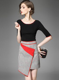 Street Black Slim Top & Asymmetric Color-blocked Skirt