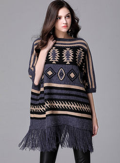 Ethnic Tassel Half Sleeve Knitted Sweater