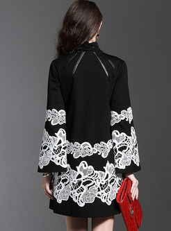 Black Embroidered Long Sleeve Straight Coat