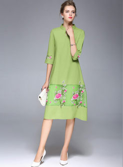 Ethnic Improved Cheongsam Embroidered Splicing Shift Dress