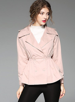Brief Pure Color Gathered Waist Turn Down Collar Trench Coat