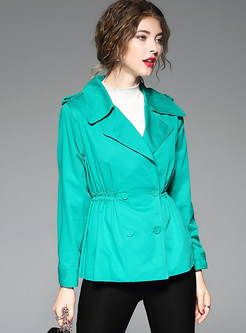 Brief Pure Color Gathered Waist Turn Down Collar Trench Coat