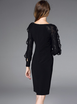 Black Lace Falbala Sleeve Bodycon Dress
