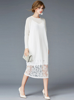 Loose Lace Perspective Knitted Dress With Underskirt