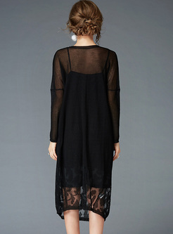 Brief Black Perspective Knitted Dress With Underskirt