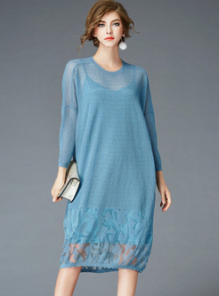 Blue Perspective Knitted Dress With Underskirt