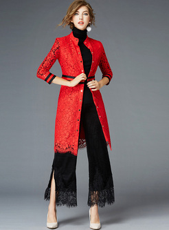 Slim Stand Collar Lace Color-blocked Coat