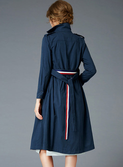 Blue Brief Notched Neck Slim Trench Coat