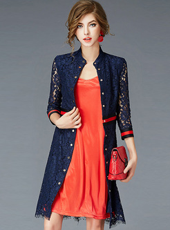Slim Stand Collar Lace Color-blocked Coat