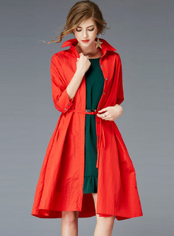 Red Belted Lapel Single-breasted Trench Coat