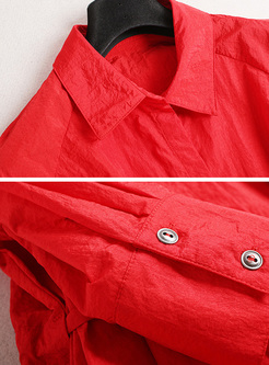 Red Belted Lapel Single-breasted Trench Coat