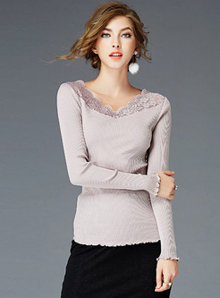 Elegant Slim Lace Falbala V-neck Sweater
