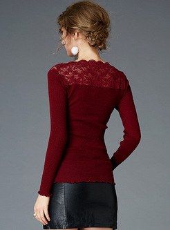 Red Slim Lace Falbala V-neck Sweater