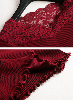 Red Slim Lace Falbala V-neck Sweater