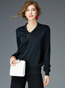 Black Casual V-neck Pullover Sweater