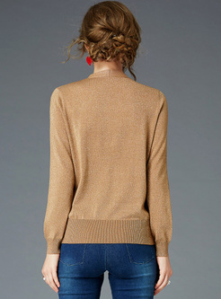 Brown Tied-collar Pullover Sweater